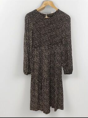 Long-Sleeve Black Floral Midi Dress with Ivory Ditsy Print